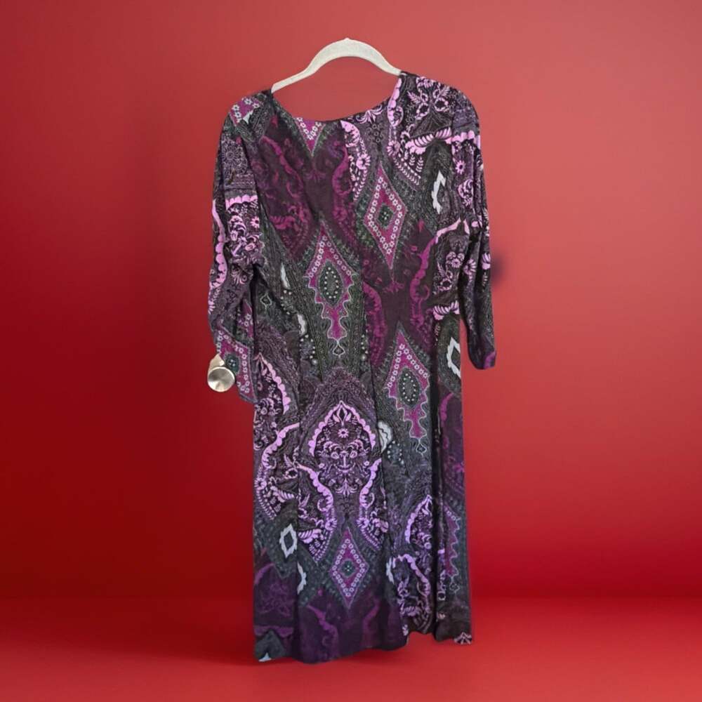 Purple Paisley Black Whimsigoth Ruched V-Neck Moody Dress. 12 Meas In Pics. - Picture 2 of 8